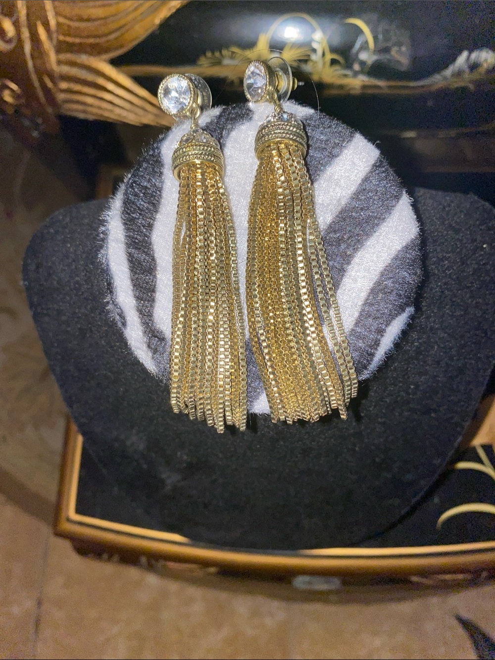 Heidi Daus Gold Tassel Drop Earrings with Clear Crystal Studs about 3.75” long